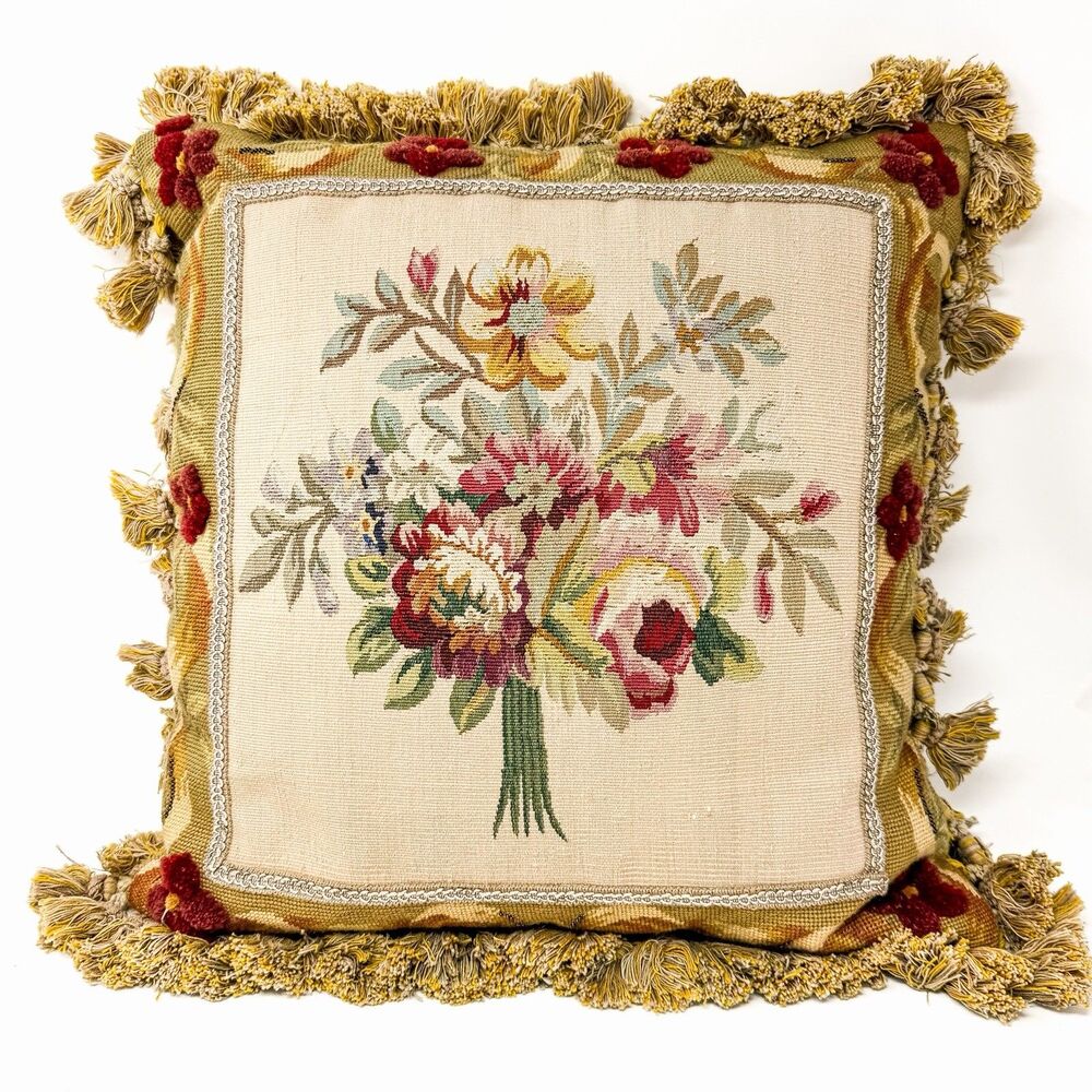 Vintage 18” Aubusson Floral Petit Point Needlepoint Beaded Tassel Throw Pillow
